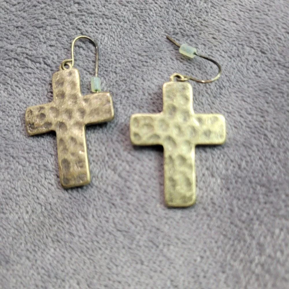 Hammered Gold Tone Cross Drop‎ Earrings Textured Religious Dangle Jewelry